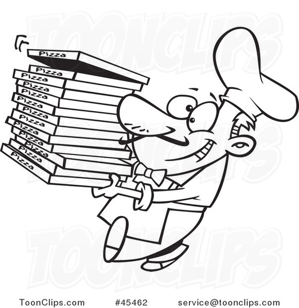 Outlined Cartoon Pizza Chef Carrying Delivery Boxes
