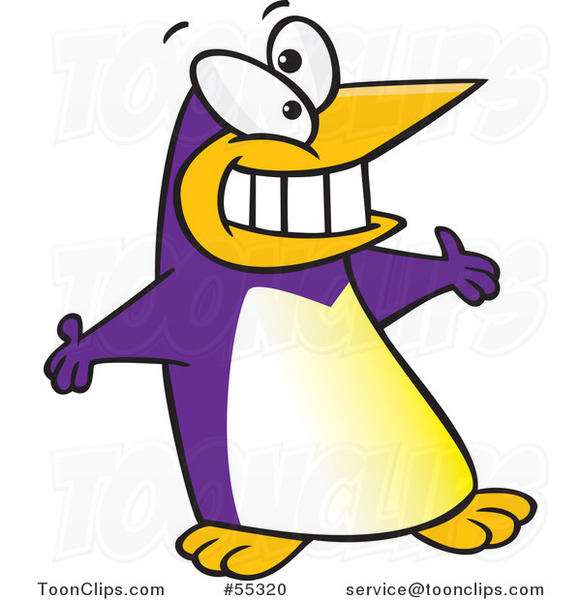 Purple Cartoon Welcoming Penguin with Open Arms