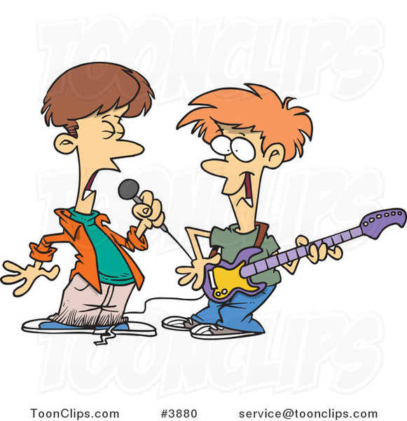 Two Cartoon Boys Singing and Playing a Guitar in a Band